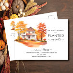 Herfsthuis Bewegende aankondiging Briefkaart<br><div class="desc">Deze hartverwarmende mededeling bevat een waterverf herfstboomscène met een huis op de achtergrond. De woorden "Onze familie heeft nieuwe wortels geplant". Het is de perfecte manier om je vrienden en familie te laten weten over je aankomende verhuizing. Het is zeker een hit met iedereen die het ontvangt.</div>