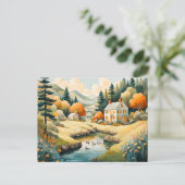 Herfsthuis bij de vijver met eenden briefkaart (Staand voorkant)