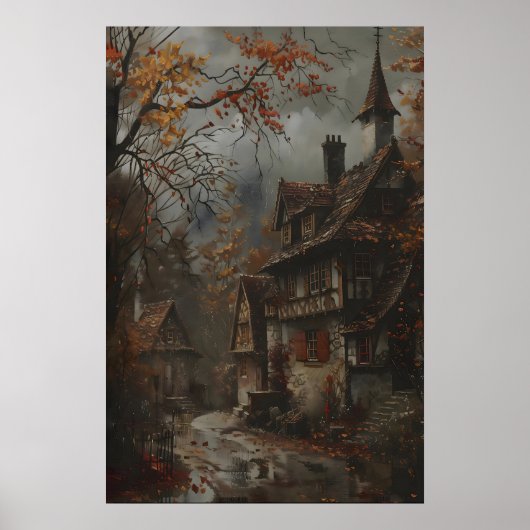 Herfsthuisje-kunstprint, rustieke herfstmuurdecora poster (Voorkant)
