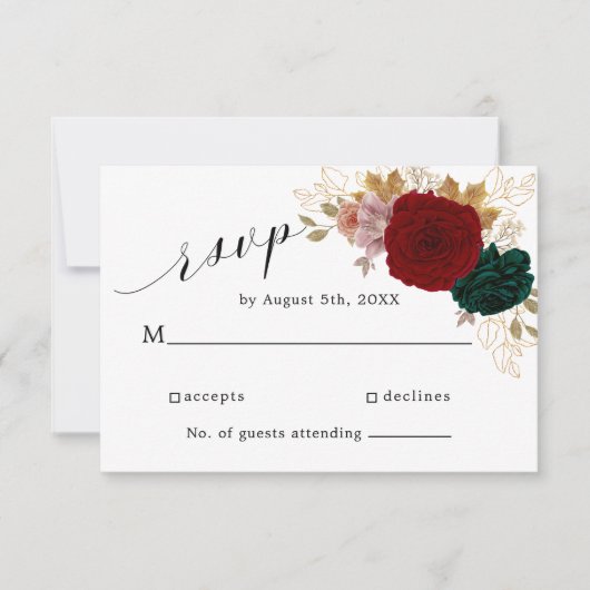 Herfstig Goud Bourgondië Smaragdgroene Bloem RSVP Kaartje (Voorkant)