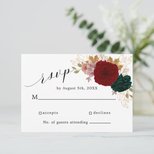 Herfstig Goud Bourgondië Smaragdgroene Bloem RSVP Kaartje (Staand voorkant)