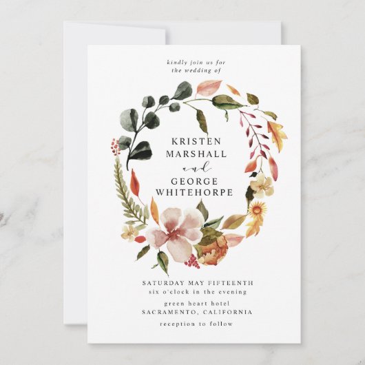 Herfstige Elegante Bloemenkrans Bruiloft Kaart (Voorkant)