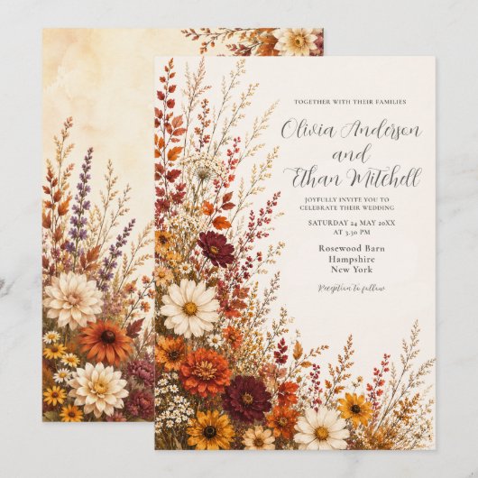 Herfstige Weide Bruiloft met Wilde Bloemen Kaart (Voorkant / Achterkant)
