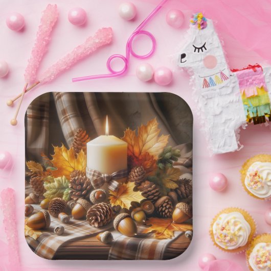 Herfstkaars met eikels en lint papieren bordje (Feest)