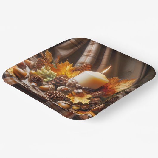 Herfstkaars met eikels en lint papieren bordje (Gebogen)