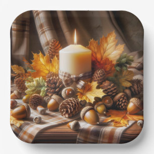 Herfstkaars met eikels en lint papieren bordje