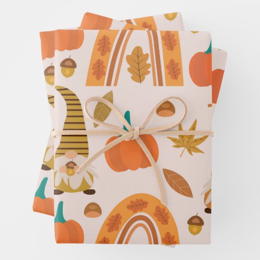 Herfstkabouters met regenboog en herfstbladeren inpakpapier vel (In situ)