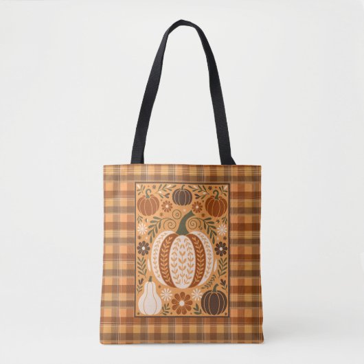 Herfstkalebassen Folk Art op Brown Plaid Tote Bag (Voorkant)