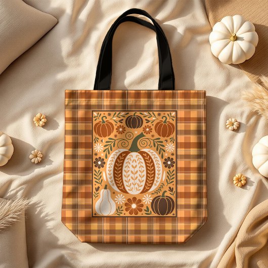Herfstkalebassen Folk Art op Brown Plaid Tote Bag