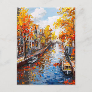 Herfstkanaal met boten en kleurrijke huizen Schild Briefkaart