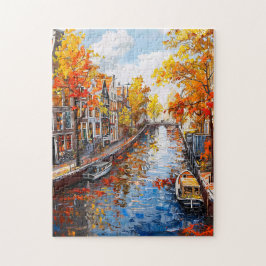 Herfstkanaal met boten en kleurrijke huizen Schild Legpuzzel