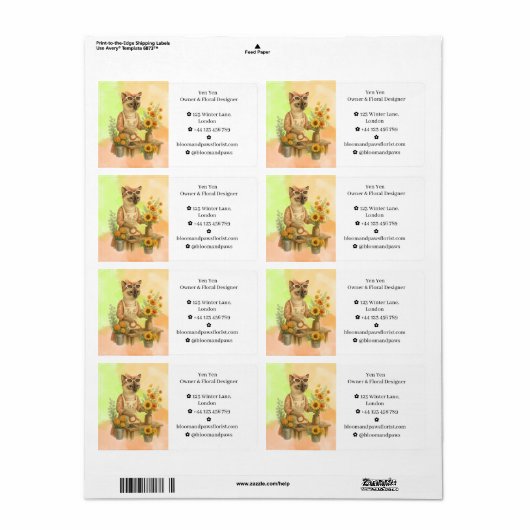 Herfstkat bloemist die bloemen schikt etiket (Full Sheet)