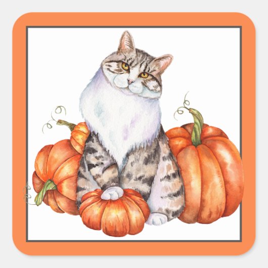 Herfstkat en pompoenen vierkante sticker (Voorkant)