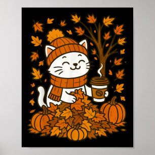 Herfstkat koffie pompoen herfstbladeren kitty knus poster