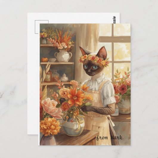 Herfstkat met bloemen - Herfst Seizoen Groet Briefkaart (Voorkant / Achterkant)