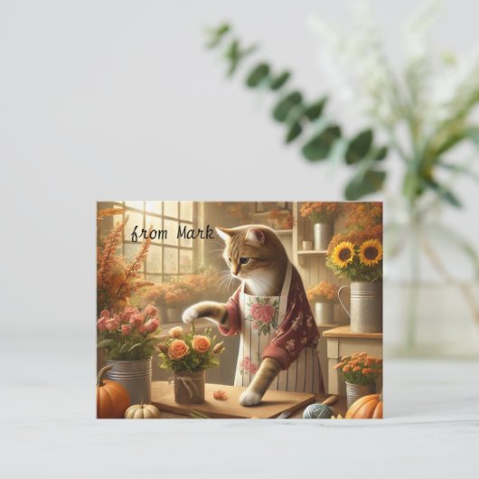 Herfstkat met bloemen - Herfst Seizoen Groet Feestdagenkaart (Staand voorkant)