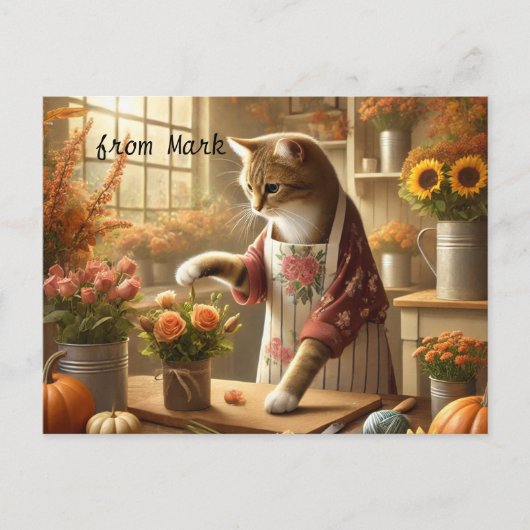 Herfstkat met bloemen - Herfst Seizoen Groet Feestdagenkaart (Voorkant)