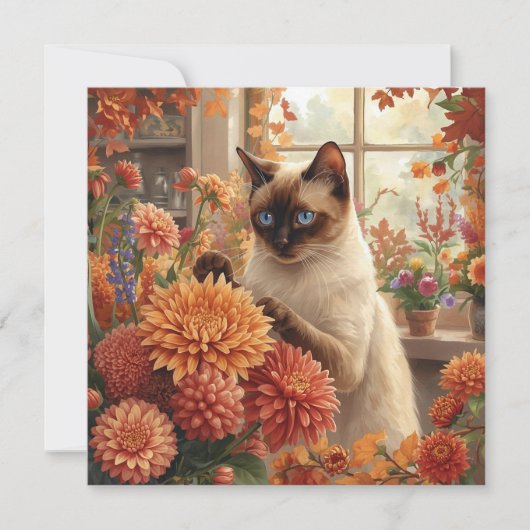 Herfstkat met bloemen – Herfst Thanksgiving Feestdagenkaart (Voorkant)