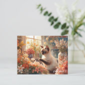 Herfstkat met bloemen – Herfst Thanksgiving Feestdagenkaart (Staand voorkant)