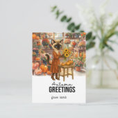 Herfstkat met bloemen – Herfst Thanksgiving Feestdagenkaart (Staand voorkant)