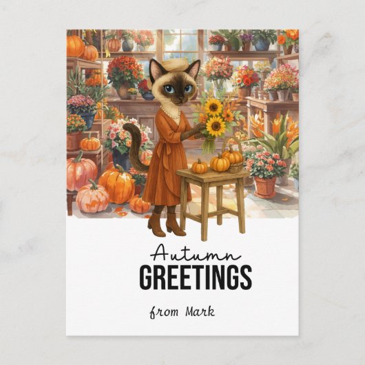 Herfstkat met bloemen – Herfst Thanksgiving Feestdagenkaart (Voorkant)