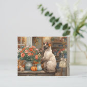 Herfstkat met bloemen – Herfst Thanksgiving Feestdagenkaart (Staand voorkant)