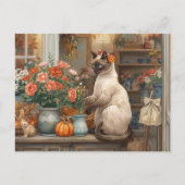 Herfstkat met bloemen – Herfst Thanksgiving Feestdagenkaart (Voorkant)
