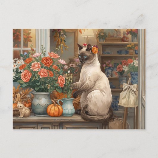 Herfstkat met bloemen – Herfst Thanksgiving Feestdagenkaart (Voorkant)