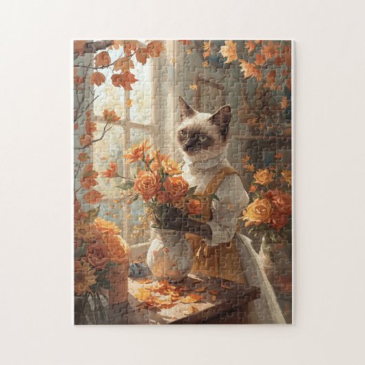 Herfstkat met bloemen voor Thanksgiving Legpuzzel (Verticaal)