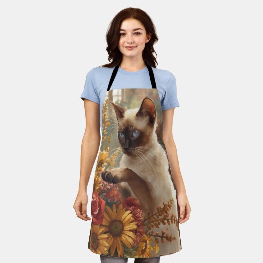 Herfstkat met bloemen voor Thanksgiving Schort (Gedragen)