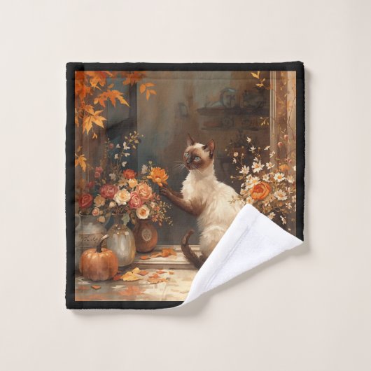 Herfstkat met bloemen voor Thanksgiving Washandje (Wasdoekje)