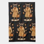 Herfstkat met koffie voor Thanksgiving Theedoek (Verticaal)