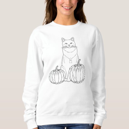 Herfstkat met pompoenen Line Art Schattige Hallowe Trui (Voorkant)