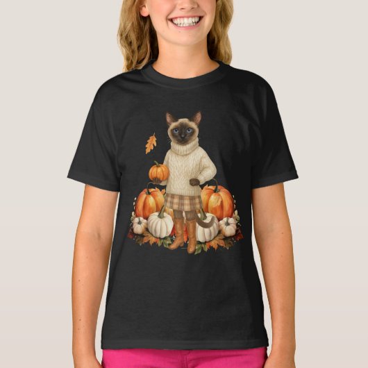 Herfstkat met pompoenen voor Siamese kattenliefheb T-shirt (Voorkant)