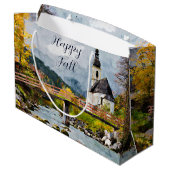 Herfstkerk en bomen met aanpasbare tekst groot cadeauzakje (Achterkant Gekanteld)