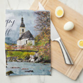 Herfstkerk en bomen met aanpasbare tekst theedoek (Quarter Fold)