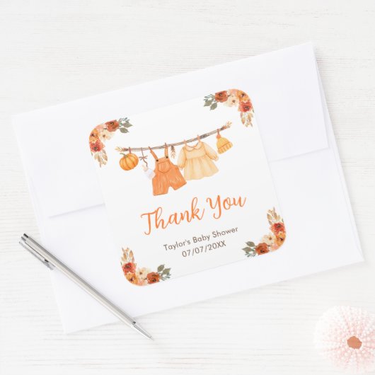Herfstkleding Line Twins Baby shower Dank je wel Vierkante Sticker (Envelop)