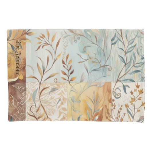 Herfstkleuren Patchwork Pattern Gold Abstract Blau Kussensloop (Voorkant-Links)