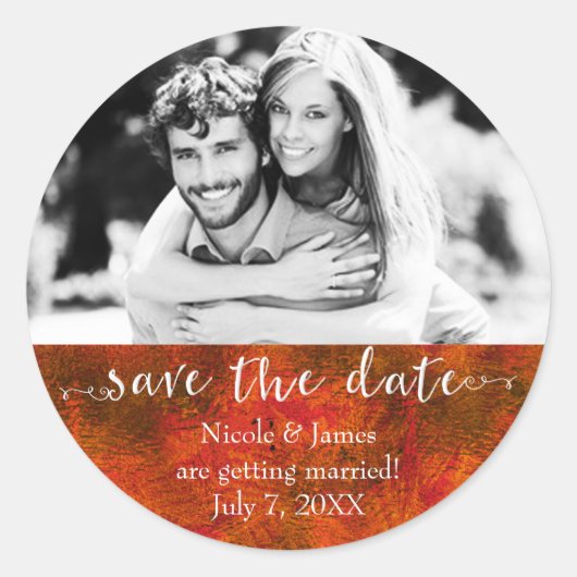 Herfstkleuren Save the Date Aangepaste Foto Ronde Sticker (Voorkant)