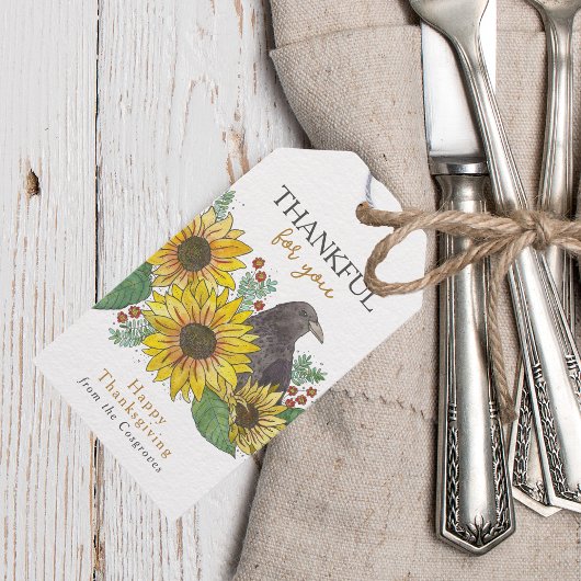 Herfstkraai in Zonnebloemen Waterverf Thanksgiving Cadeaulabel