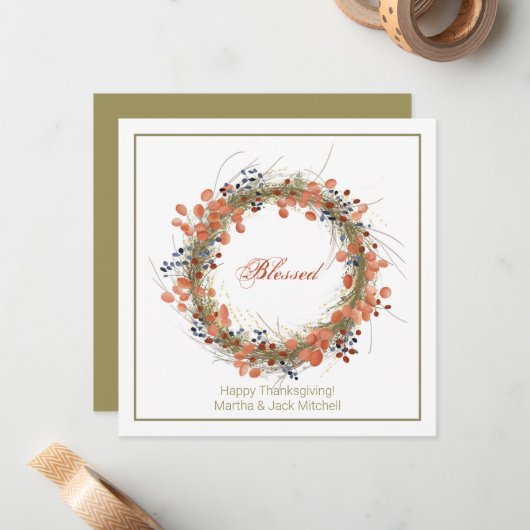 Herfstkrans gepersonaliseerd Thanksgiving Notitiekaartje (Voorkant / Achterkant in situ)