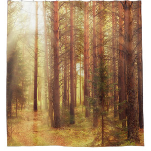 herfstlandschapsachtergrond , zonnestralen in de v douchegordijn