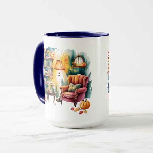 Herfstleesstoel Mok — Knusse Lamp & Boek Hoek (Voorkant links)