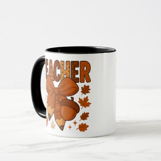 Herfstleraar Coffee Mok – Herfst Plaid Bow, eikel, (Voorkant links)