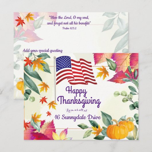 Herfstloof en Amerikaanse vlag Kerstmis Thanksgivi Feestdagenkaart (Voorkant / Achterkant)