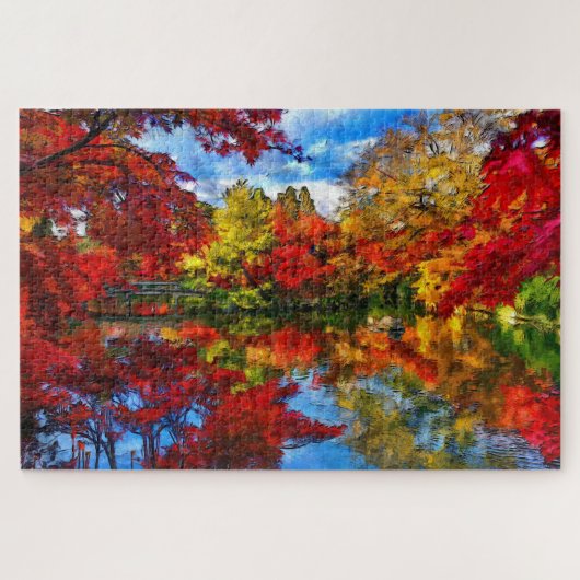 Herfstloof herfstseizoen legpuzzel met meer (Horizontaal)