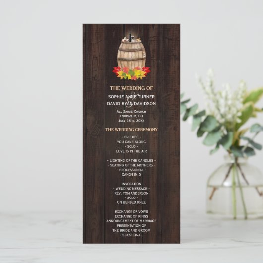 Herfstloof wijnvat wijngaard trouwprogramma programmakaart (Staand voorkant)