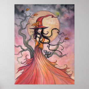 Herfstmagie Halloween Heks en Kat Kunst Poster