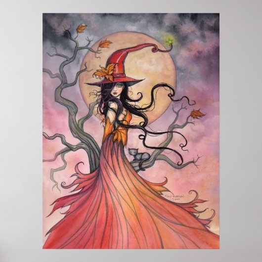 Herfstmagie Halloween Heks en Kat Kunst Poster (Voorkant)