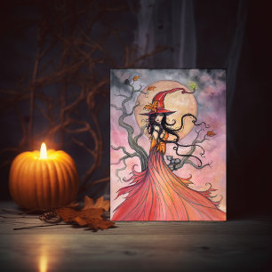 Herfstmagie Heks en Kat Fantasie Halloween Kunst Feestdagenkaart